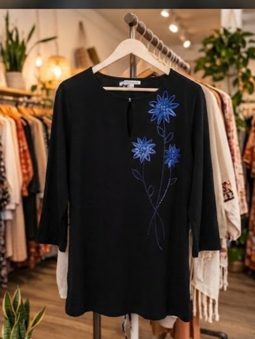 Adrianna Papell Navy Blue Embroidered Embellished Essential Tunic Top Size 12●